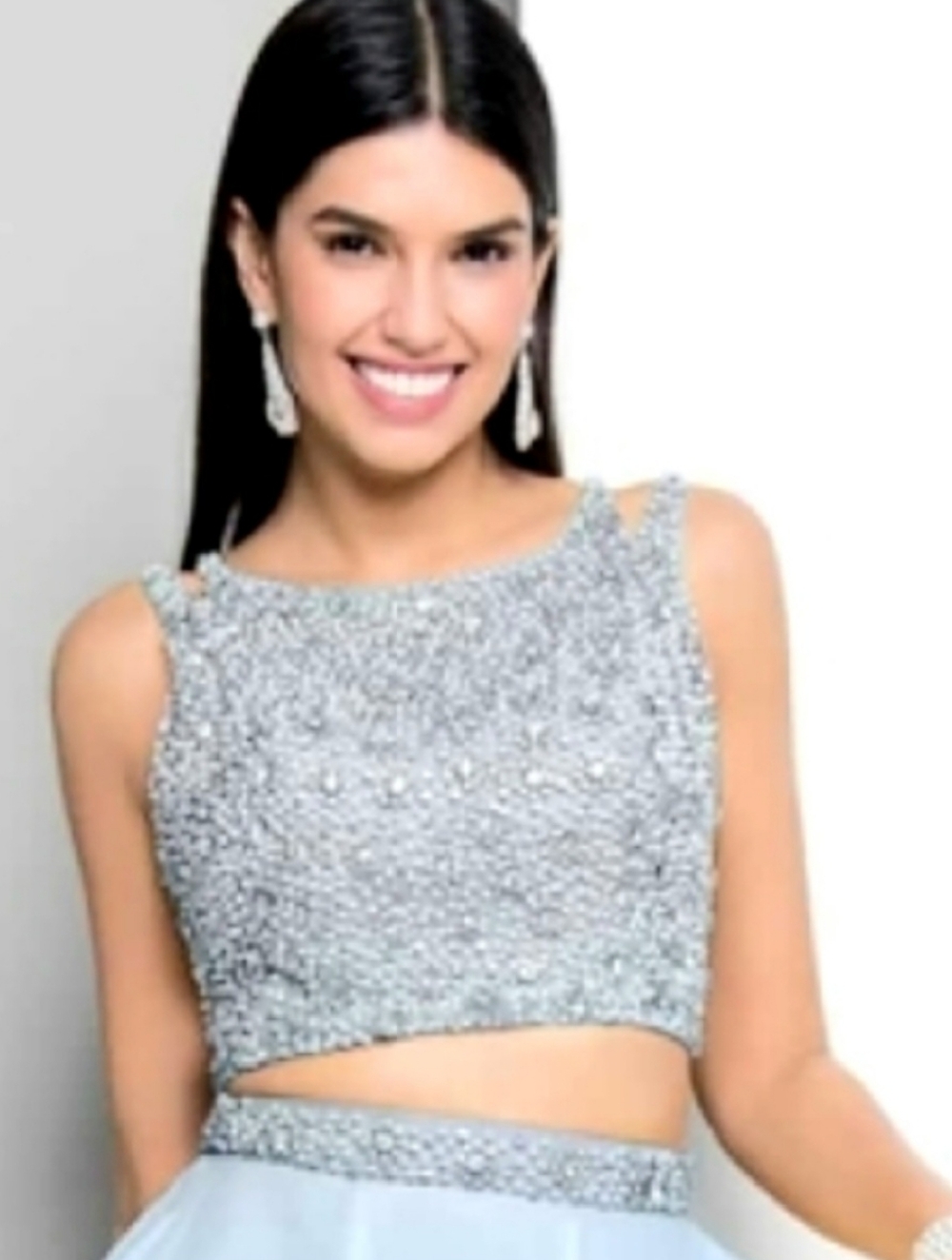 Tadashi Couture Crop Top, Size 6, Blue Embroidered Pearls, Beaded